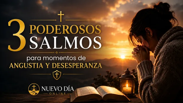 Persona orando frente a una cruz iluminada durante un momento de angustia y reflexión espiritual.