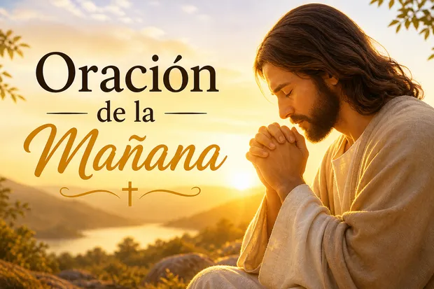 Oración de la mañana con Jesús orando al amanecer en un paisaje iluminado por el sol