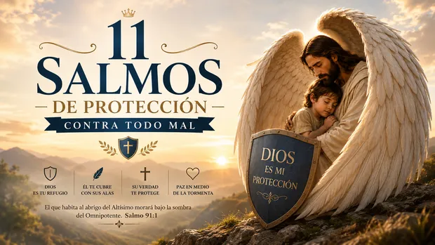 Imagen panorámica cristiana en formato 16:9 que muestra a una figura angelical protegiendo a un niño con sus alas al amanecer. En el centro destaca el título “11 Salmos de Protección Contra Todo Mal”, acompañado de símbolos de fe, un escudo con la frase “Dios es mi protección” y un paisaje montañoso iluminado por la luz dorada del sol.