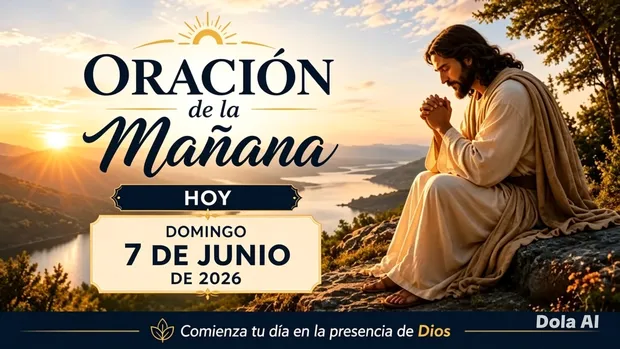 Imagen de oración de la mañana, con figura de Jesús orando en un paisaje natural al amanecer, texto: Oración de la Mañana, Hoy, Domingo 7 de Junio de 2026, frase al pie: Comienza tu día en la presencia de Dios