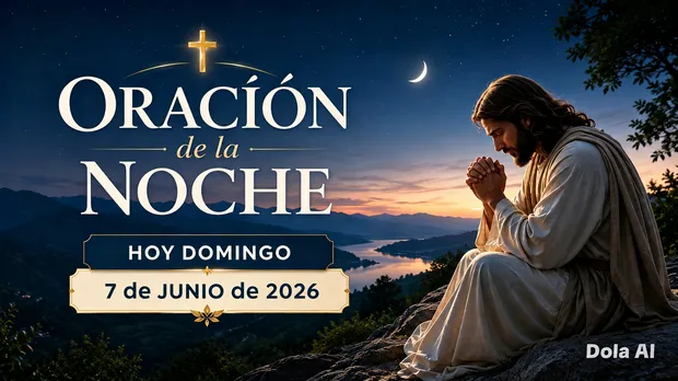 Imagen de oración cristiana nocturna con un paisaje de montañas y lago bajo un cielo estrellado. A la derecha, una figura de Jesús aparece orando sobre una roca, mientras el texto principal dice: “Oración de la Noche Hoy Domingo 7 de Junio de 2026”