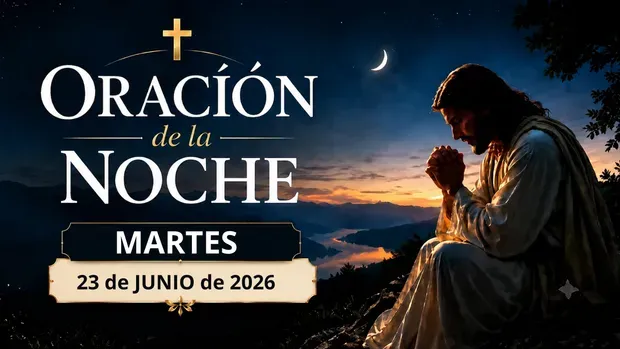 Imagen con un fondo nocturno estrellado y una vela encendida, que incluye el texto flotante: Oración de la Noche, Martes 23 de Junio de 2026. Un ambiente de paz, fe y gratitud.