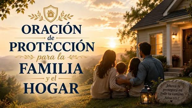 magen de una familia reunida frente a su hogar al atardecer, simbolizando la protección, la paz y la bendición de Dios sobre el hogar y sus seres queridos.