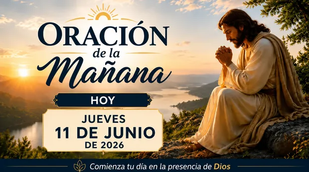 Oración de la Mañana Hoy Jueves 11 de Junio de 2026 con un hermoso amanecer, un camino iluminado por el sol y una persona contemplando el paisaje mientras reflexiona en el Salmo 143:8.