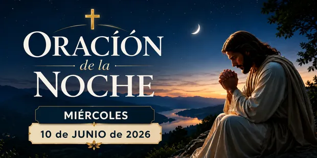 Jesús orando durante la noche bajo un cielo estrellado, junto a un paisaje montañoso, con el título “Oración de la Noche – Miércoles 10 de Junio de 2026”